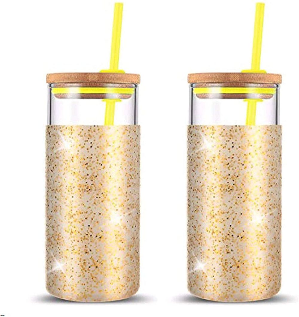 Dining & Entertaining |  Tronco 20Oz Glass Tumbler Glass Water Bottle Straw Silicone Protective Sleeve Bamboo Lid – Bpa Free (Dot Gold/ 2-Pack) Bar Tools & Drinkware Bar Tools & Drinkware