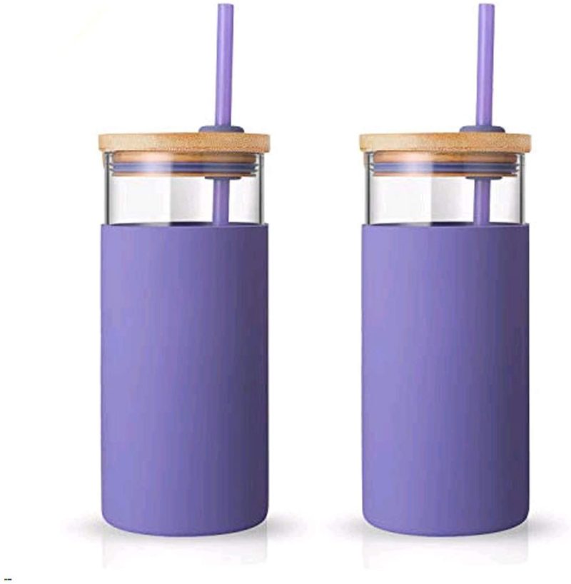 Dining & Entertaining |  Tronco 20Oz Glass Tumbler Glass Water Bottle Straw Silicone Protective Sleeve Bamboo Lid – Bpa Free (Lilac/2-Pack) Bar Tools & Drinkware Bar Tools & Drinkware