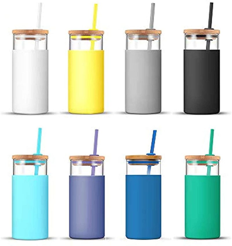 Dining & Entertaining |  Tronco 20Oz Glass Tumbler Glass Water Bottle Straw Silicone Protective Sleeve Bamboo Lid – Bpa Free (Multi-Colored/8-Pack) Bar Tools & Drinkware Bar Tools & Drinkware