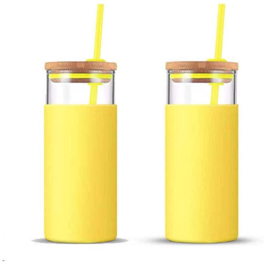 Dining & Entertaining |  Tronco 20Oz Glass Tumbler Straw Silicone Protective Sleeve Bamboo Lid – Bpa Free (Spring Yellow/ 2-Pack) Bar Tools & Drinkware Bar Tools & Drinkware