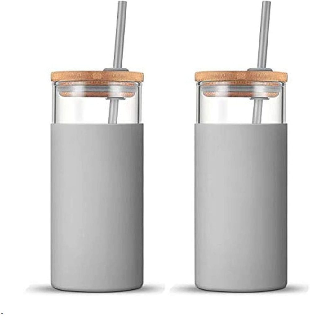 Dining & Entertaining |  Tronco 20Oz Glass Watetronco 20Oz Glass Tumbler Glass Water Bottle Straw Silicone Protective Sleeve Bamboo Lid – Bpa Free (French Grey/ 2-Pack) Bar Tools & Drinkware Bar Tools & Drinkware