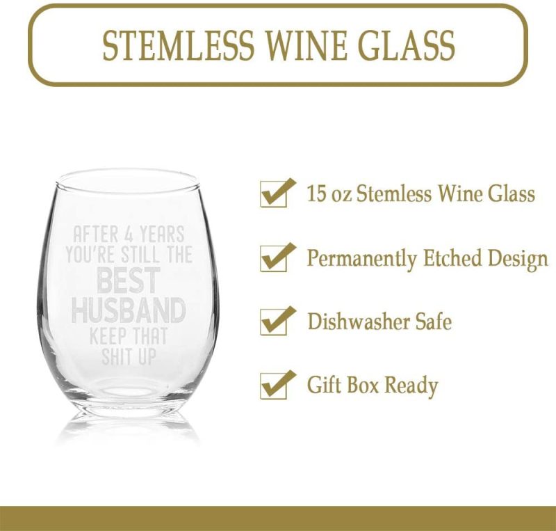 Dining & Entertaining |  Veracco After 4 Year You’Re Still The Best Husband Stemless Wine Glass For Him Birthday Present Funny Reminder Of Our Fourth Year Together Fourth Anniversary (Clear, Glass) Bar Tools & Drinkware Bar Tools & Drinkware