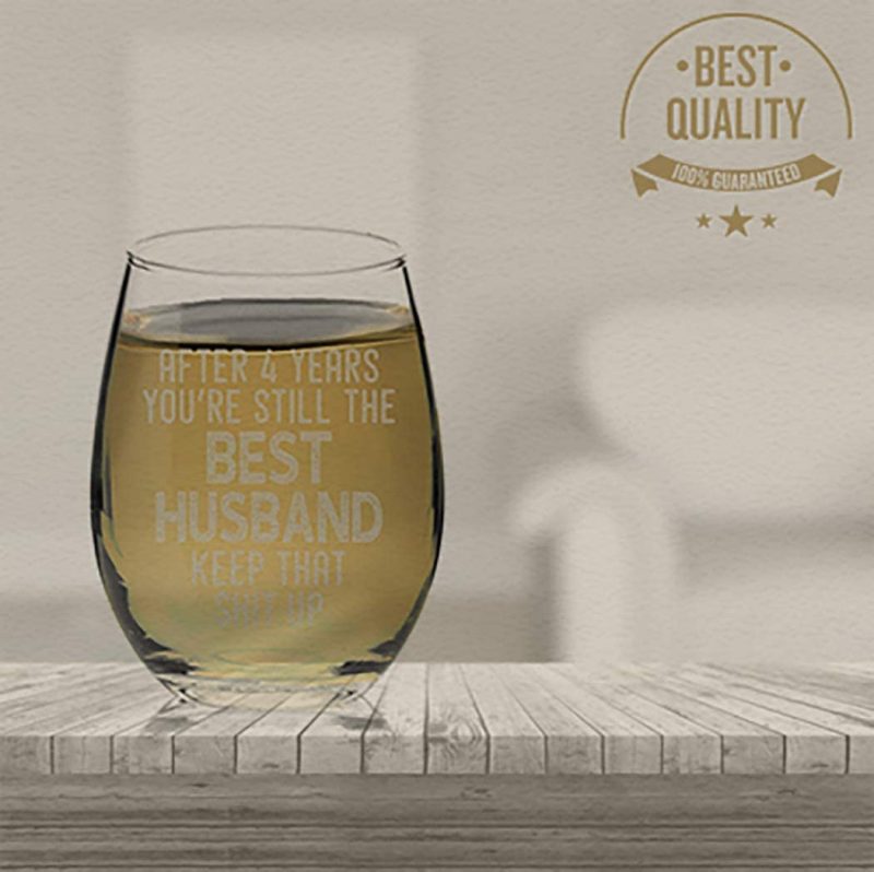 Dining & Entertaining |  Veracco After 4 Year You’Re Still The Best Husband Stemless Wine Glass For Him Birthday Present Funny Reminder Of Our Fourth Year Together Fourth Anniversary (Clear, Glass) Bar Tools & Drinkware Bar Tools & Drinkware