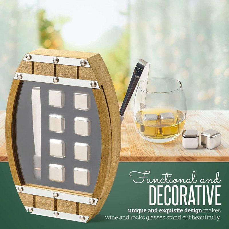 Dining & Entertaining |  Whiskey Stone Set, Stainless Steel Cubes, Wooden Barrel Box, Reusable Stones, Scotch, Wine Dining & Entertaining Barrel Box With Stones