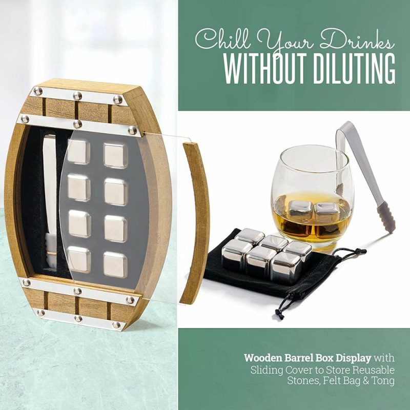 Dining & Entertaining |  Whiskey Stone Set, Stainless Steel Cubes, Wooden Barrel Box, Reusable Stones, Scotch, Wine Dining & Entertaining Barrel Box With Stones