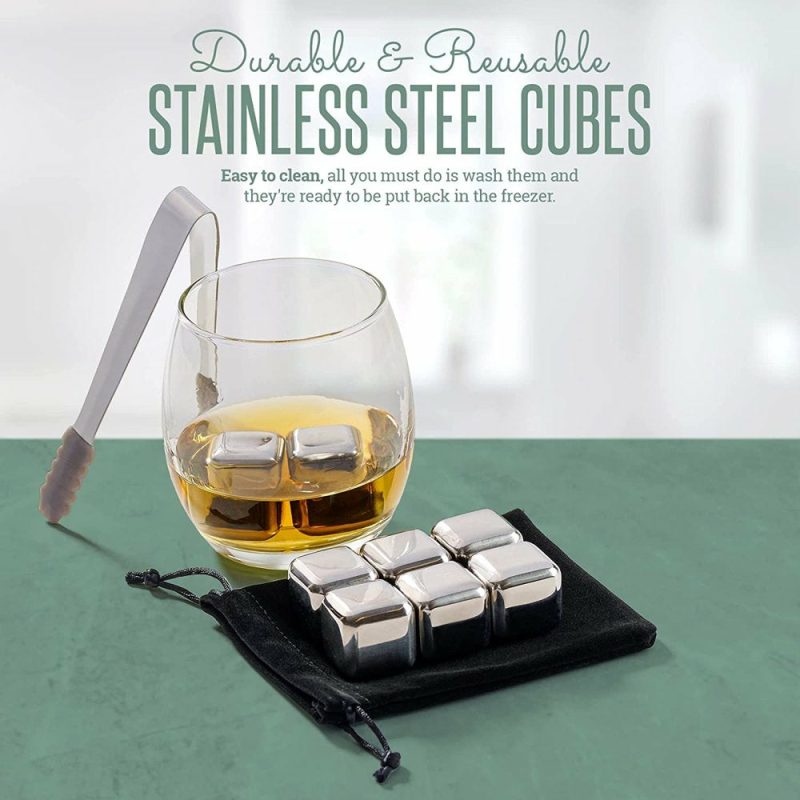 Dining & Entertaining |  Whiskey Stone Set, Stainless Steel Cubes, Wooden Barrel Box, Reusable Stones, Scotch, Wine Dining & Entertaining Barrel Box With Stones