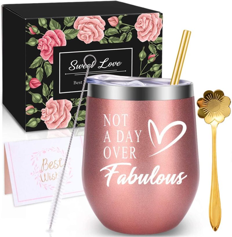 Dining & Entertaining |  Wonday Gifts For-Birthday Gifts For-Wine Gifts Ideas For, Mother, Bff, Mom, Friends, Wife, Daughter, Sister, 12 Oz Stainless Steel Wine Tumbler With Lid And Coffee Spoon (Rosegold) Bar Tools & Drinkware Bar Tools & Drinkware