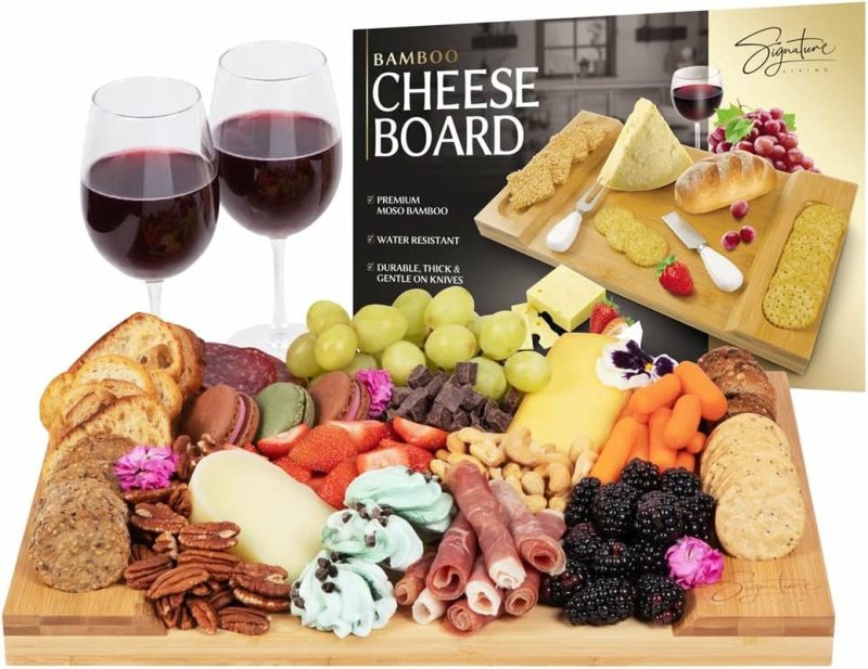 Dining & Entertaining |  Signature Living Large Bamboo Cheese Board Charcuterie Board (16" X 10" X 1.2") Beautiful Serving Platter For Cheese, Crackers, Meat, Fruit – Durable Wooden Charcuterie Serving Board Dining & Entertaining Dining & Entertaining