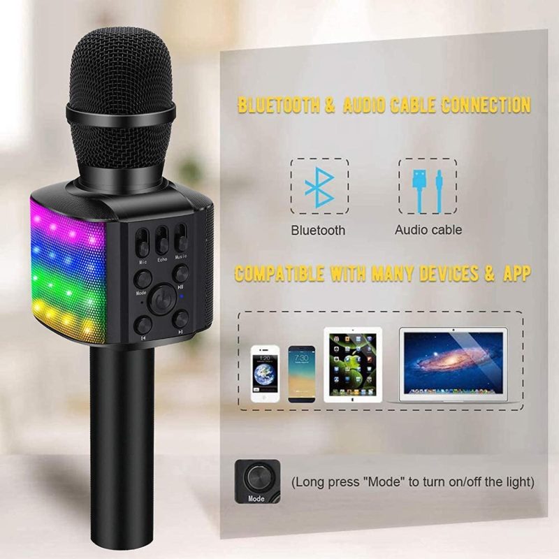 DJ, Electronic Music & Karaoke |  Bonaok Wireless Bluetooth Karaoke Microphone With Controllable Led Lights, 4 In 1 Portable Karaoke Machine Mic Speaker Birthday Home Party For All Smartphones Pc(Q36 Black) DJ, Electronic Music & Karaoke black