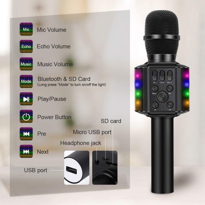 DJ, Electronic Music & Karaoke |  Bonaok Wireless Bluetooth Karaoke Microphone With Controllable Led Lights, 4 In 1 Portable Karaoke Machine Mic Speaker Birthday Home Party For All Smartphones Pc(Q36 Black) DJ, Electronic Music & Karaoke black