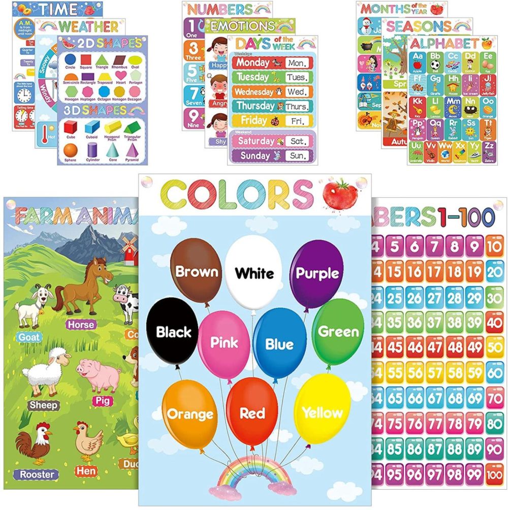 Education & Crafts |  12 Pieces Educational Learning Posters Preschool Posters Toddlers Teaching Poster Kids Classroom Learning Decoration Alphabet Numbers And More For Kindergarten Nursery Home School Education & Crafts Education & Crafts