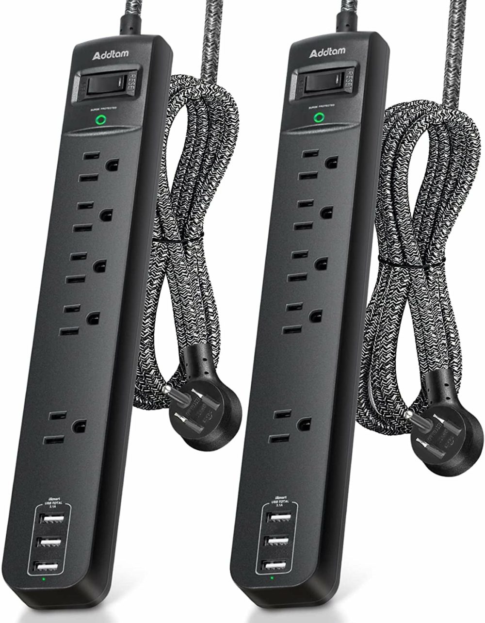 Education & Crafts |  2 Pack Power Strip Surge Protector – 5 Widely Spaced Outlets 3 Usb Charging Ports, 1875W/15A With 6Ft Braided Extension Cord, Flat Plug, Overload Surge Protection, Wall Mount For Home Office Education & Crafts Addtam