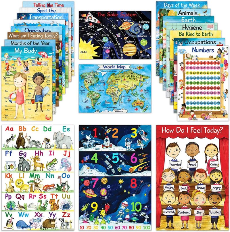 Education & Crafts |  20 Educational Posters For Preschool Learning | Kindergarten Homeschool & Teacher Supplies | Classroom Decor Posters For Elementary, Daycare & Prek | Alphabet Poster, Kids Solar System & More | 11X16 Education & Crafts Education & Crafts