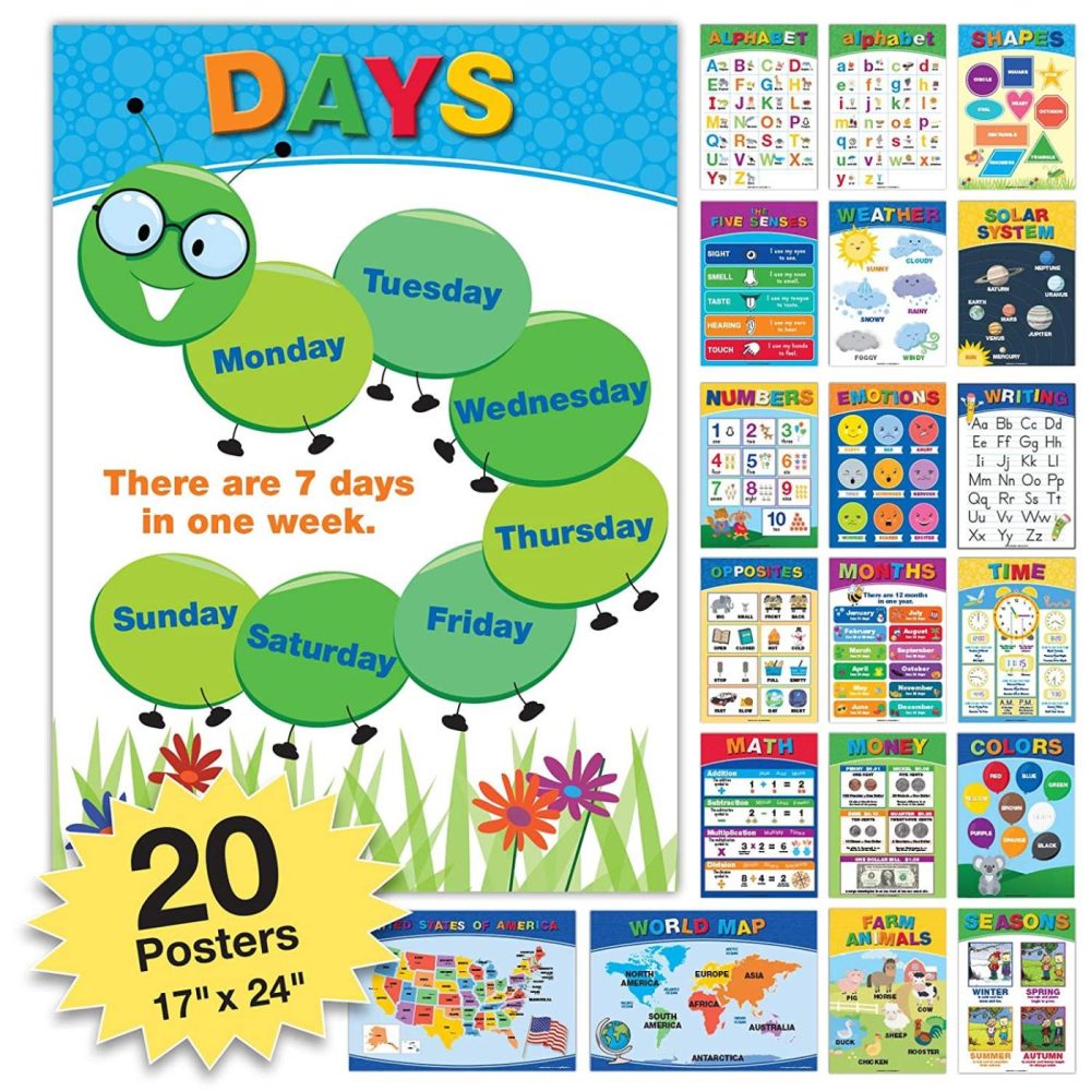 Education & Crafts |  20 Extra Large Educational Posters For Kids Toddlers (24X17 Double Sided English And Spanish) Includes: Alphabet Colors Letters Numbers Shapes Months Days Weather Time Animals Solar System Seasons Map Education & Crafts Education & Crafts