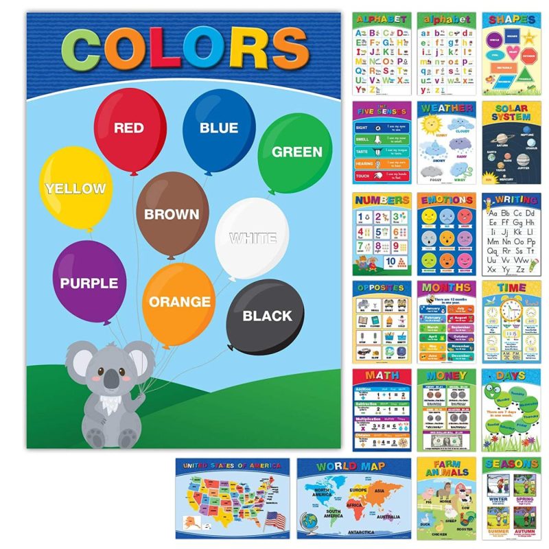 Education & Crafts |  20 Extra Large Educational Posters For Kids Toddlers (24X17 Double Sided English And Spanish) Includes: Alphabet Colors Letters Numbers Shapes Months Days Weather Time Animals Solar System Seasons Map Education & Crafts Education & Crafts