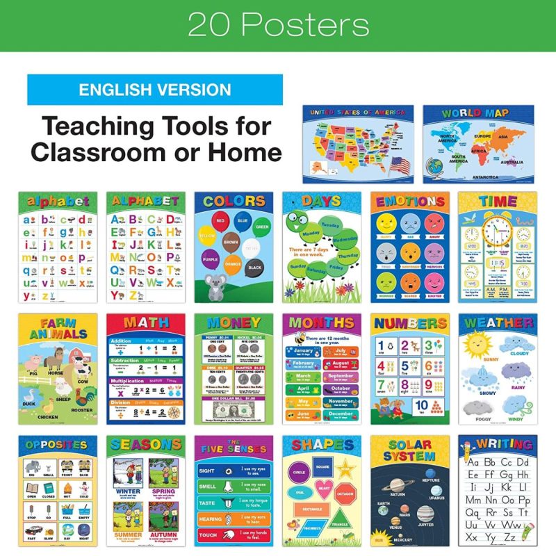 Education & Crafts |  20 Extra Large Educational Posters For Kids Toddlers (24X17 Double Sided English And Spanish) Includes: Alphabet Colors Letters Numbers Shapes Months Days Weather Time Animals Solar System Seasons Map Education & Crafts Education & Crafts