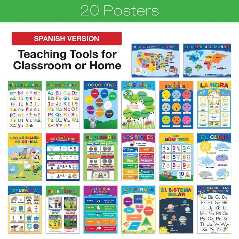 Education & Crafts |  20 Extra Large Educational Posters For Kids Toddlers (24X17 Double Sided English And Spanish) Includes: Alphabet Colors Letters Numbers Shapes Months Days Weather Time Animals Solar System Seasons Map Education & Crafts Education & Crafts