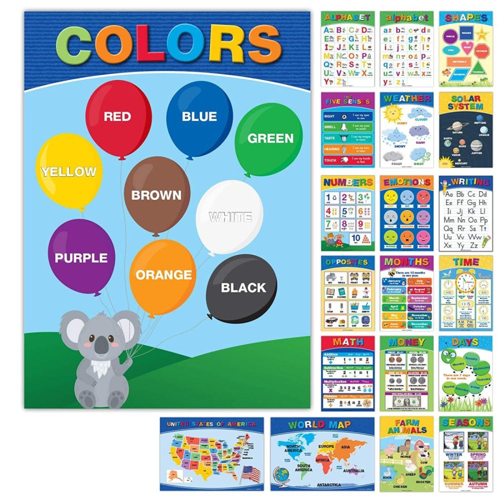 Education & Crafts |  20 Large Educational Posters For Kids Toddlers (16.5X12 Double Sided English And Spanish) Includes: Alphabet Colors Letters Numbers Shapes Months Days Weather Time Animals Solar System Seasons Map Education & Crafts Education & Crafts