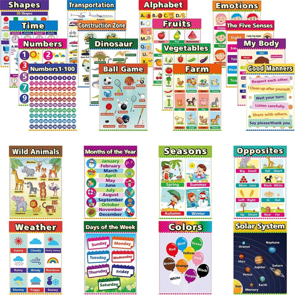 Education & Crafts |  24 Pieces Educational Preschool Posters For Toddlers And Kids For Nursery Classroom – Cute Alphabet Charts For Classroom Wall-Kindergarten Homeschool Supplies Early Learning Materials (English Style) Education & Crafts Education & Crafts