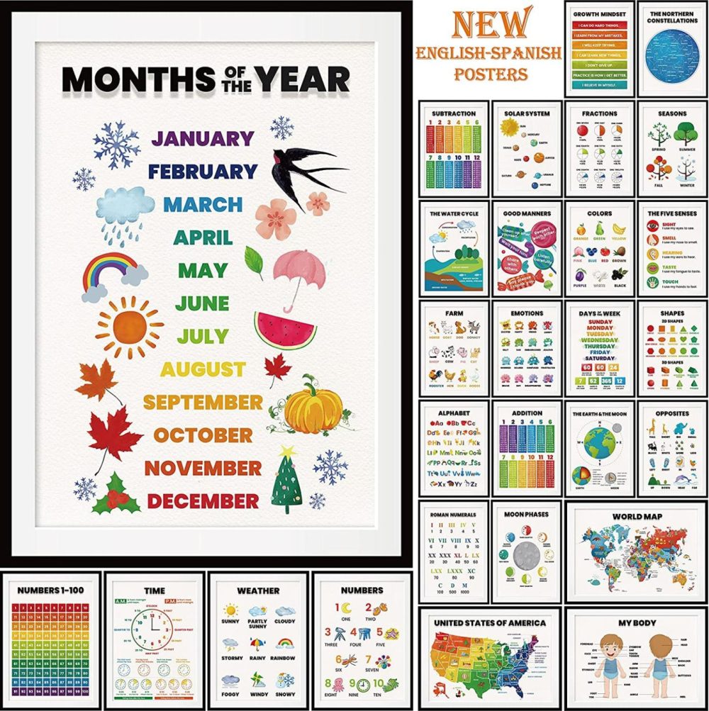 Education & Crafts |  28 Pieces English-Spanish Educational Posters For Toddlers For Nursery Classroom Kindergarten Home School Supplies, Preschool Poster For Wall, Includes: Alphabet Charts, Days Of The Week. Education & Crafts Back Sweet Home