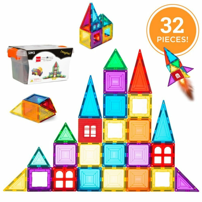 Education & Crafts |  32-Piece Colorful Kids Mini Magnetic Tiles Educational Stem Toy Set W/ Carrying Case, Rounded Edges Education & Crafts Best Choice Products