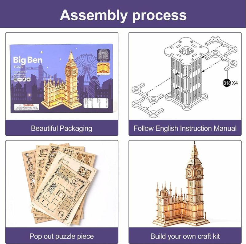 Education & Crafts |  3D Puzzle For Adults Wooden Craft Kits For Teens Diy Construction Model Kit With Led Light To Build Educational Big Ben Set Toys Education & Crafts Big Ben