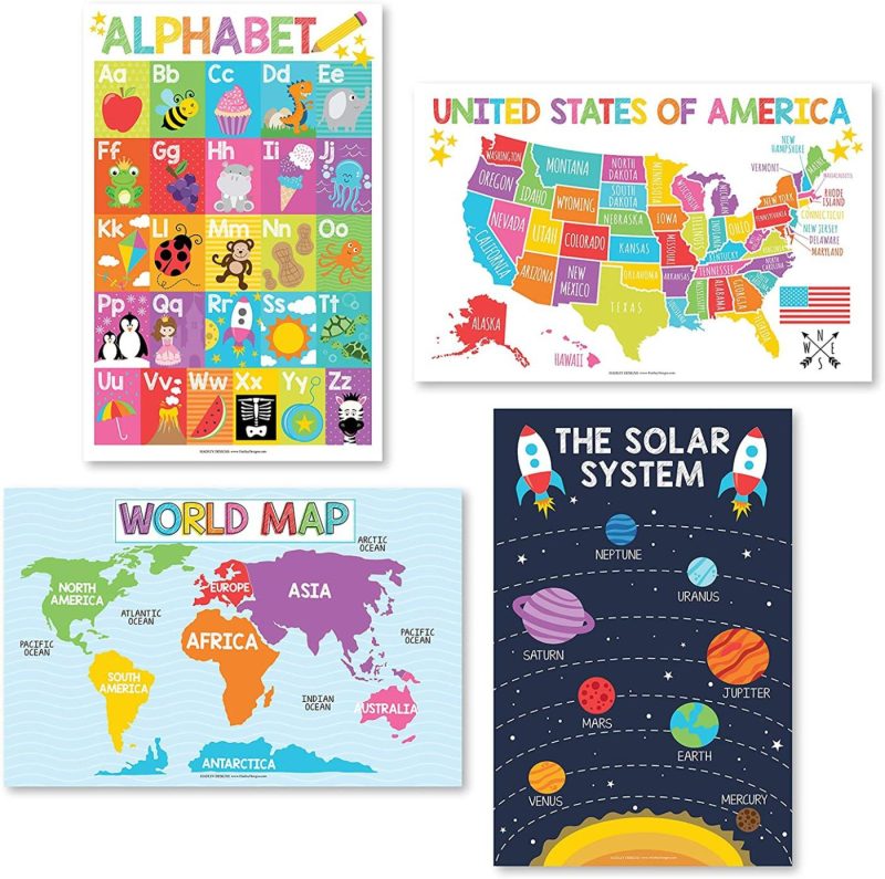 Education & Crafts |  4 Alphabet, Map Of United States, World Map, Solar System, Abc Posters Toddlers Wall Art Decor, Planets For Kid Chart, Us Travel Map Laminated Kindergarten Classroom Prek Homeschool Supplies 11X17" Education & Crafts Education & Crafts