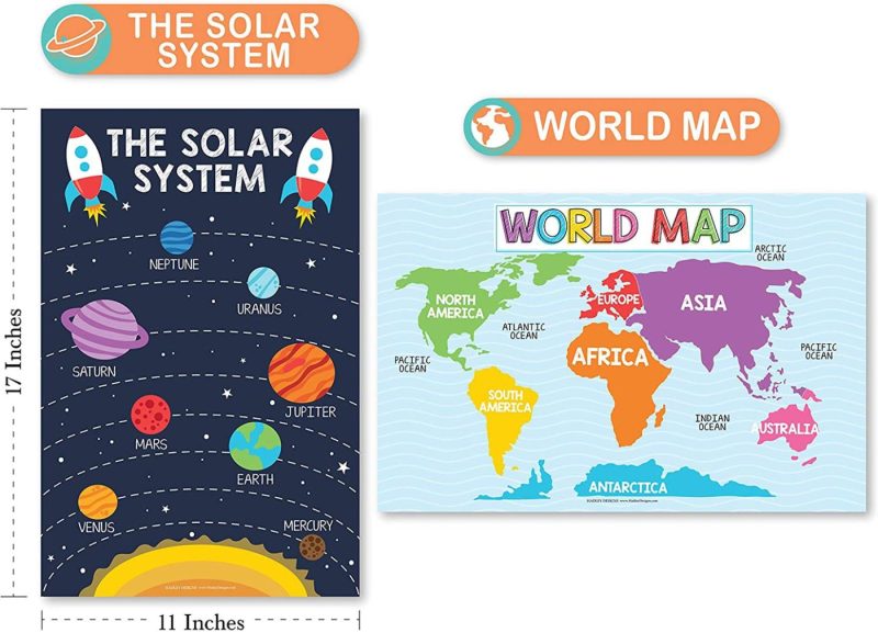 Education & Crafts |  4 Alphabet, Map Of United States, World Map, Solar System, Abc Posters Toddlers Wall Art Decor, Planets For Kid Chart, Us Travel Map Laminated Kindergarten Classroom Prek Homeschool Supplies 11X17" Education & Crafts Education & Crafts