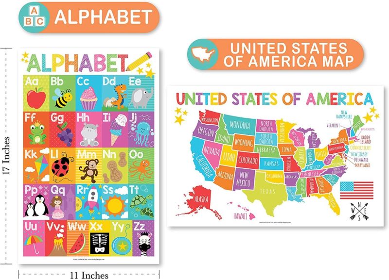 Education & Crafts |  4 Alphabet, Map Of United States, World Map, Solar System, Abc Posters Toddlers Wall Art Decor, Planets For Kid Chart, Us Travel Map Laminated Kindergarten Classroom Prek Homeschool Supplies 11X17" Education & Crafts Education & Crafts