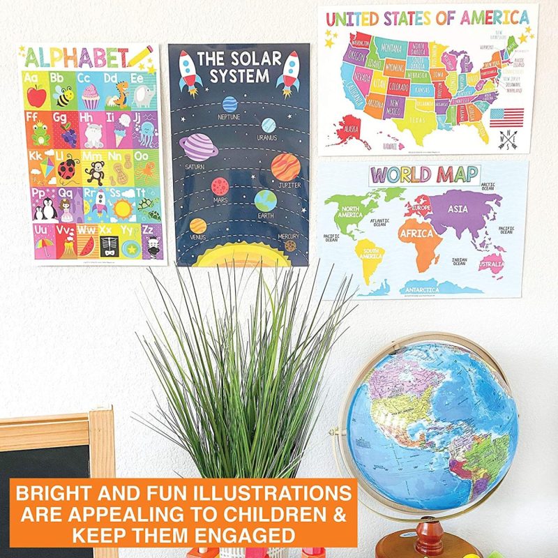 Education & Crafts |  4 Alphabet, Map Of United States, World Map, Solar System, Abc Posters Toddlers Wall Art Decor, Planets For Kid Chart, Us Travel Map Laminated Kindergarten Classroom Prek Homeschool Supplies 11X17" Education & Crafts Education & Crafts