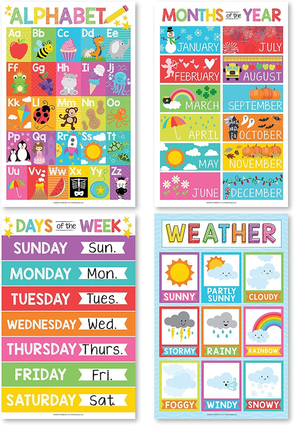 Education & Crafts |  4 Alphabet, Months Of The Year, Weather, Days Of The Week Calendar For Kids, Abc Posters For Toddlers Wall Decor Art, Charts For Kindergarten Classroom Prek Or Homeschool, Educational Laminated 11X17" Education & Crafts Education & Crafts