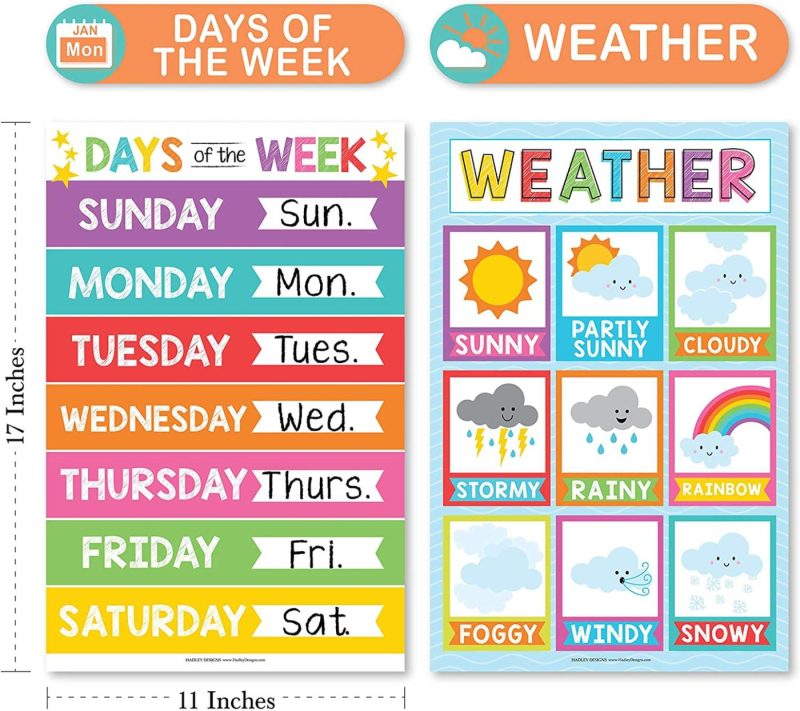 Education & Crafts |  4 Alphabet, Months Of The Year, Weather, Days Of The Week Calendar For Kids, Abc Posters For Toddlers Wall Decor Art, Charts For Kindergarten Classroom Prek Or Homeschool, Educational Laminated 11X17" Education & Crafts Education & Crafts