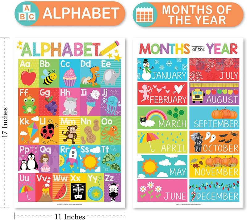 Education & Crafts |  4 Alphabet, Months Of The Year, Weather, Days Of The Week Calendar For Kids, Abc Posters For Toddlers Wall Decor Art, Charts For Kindergarten Classroom Prek Or Homeschool, Educational Laminated 11X17" Education & Crafts Education & Crafts