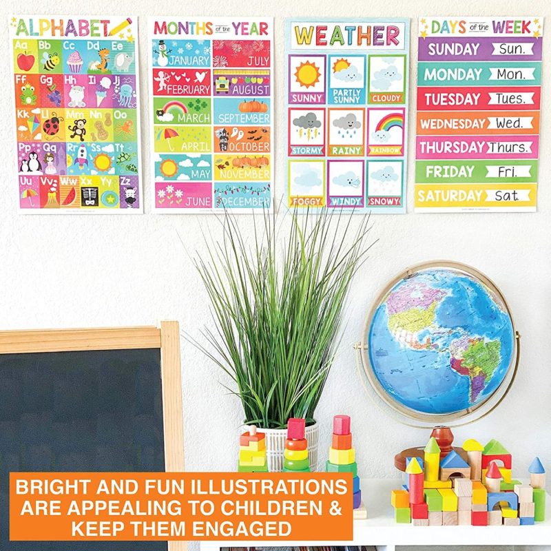 Education & Crafts |  4 Alphabet, Months Of The Year, Weather, Days Of The Week Calendar For Kids, Abc Posters For Toddlers Wall Decor Art, Charts For Kindergarten Classroom Prek Or Homeschool, Educational Laminated 11X17" Education & Crafts Education & Crafts