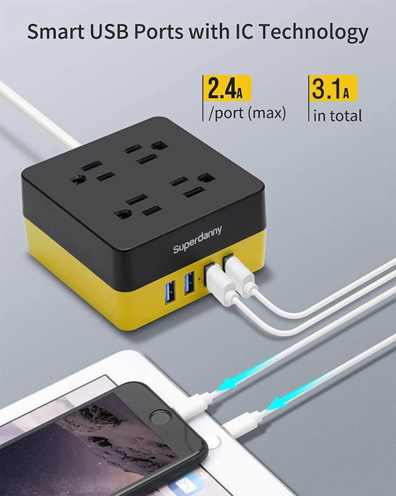 Education & Crafts |  4 Widely Spaced Ac Outlets And 4 Smart Charging Usb Surge Protector, Desktop Charging Station With Extension Cord For Home, Office, Hotel, Dorm, Rv Education & Crafts All Black