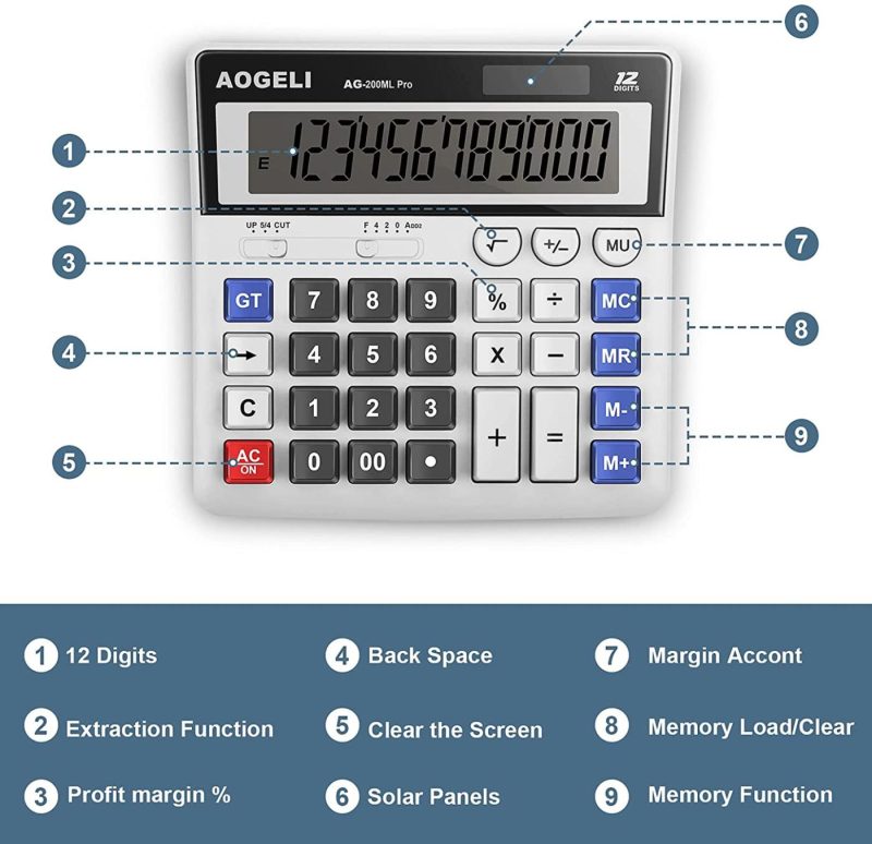 Education & Crafts |  Calculator,Standard Function Desktop Calculators,Basic Financial Calculator Solar Powered Accounting Calculator 12 Digit Lcd Display Calculators,Office And Home Calculator Education & Crafts AOGELI