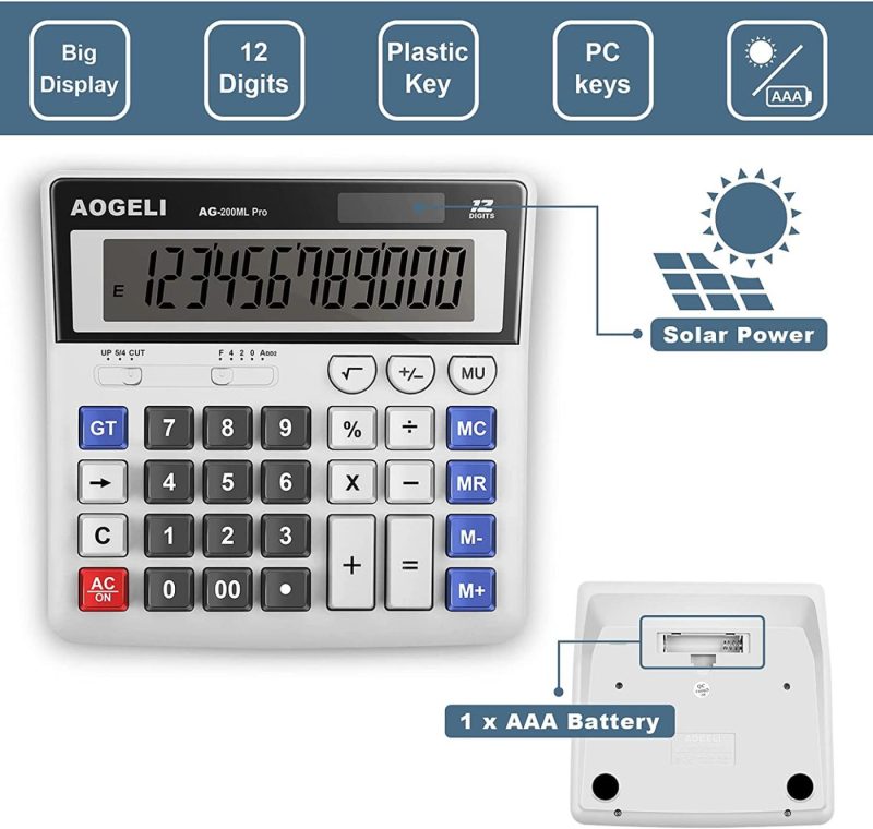 Education & Crafts |  Calculator,Standard Function Desktop Calculators,Basic Financial Calculator Solar Powered Accounting Calculator 12 Digit Lcd Display Calculators,Office And Home Calculator Education & Crafts AOGELI