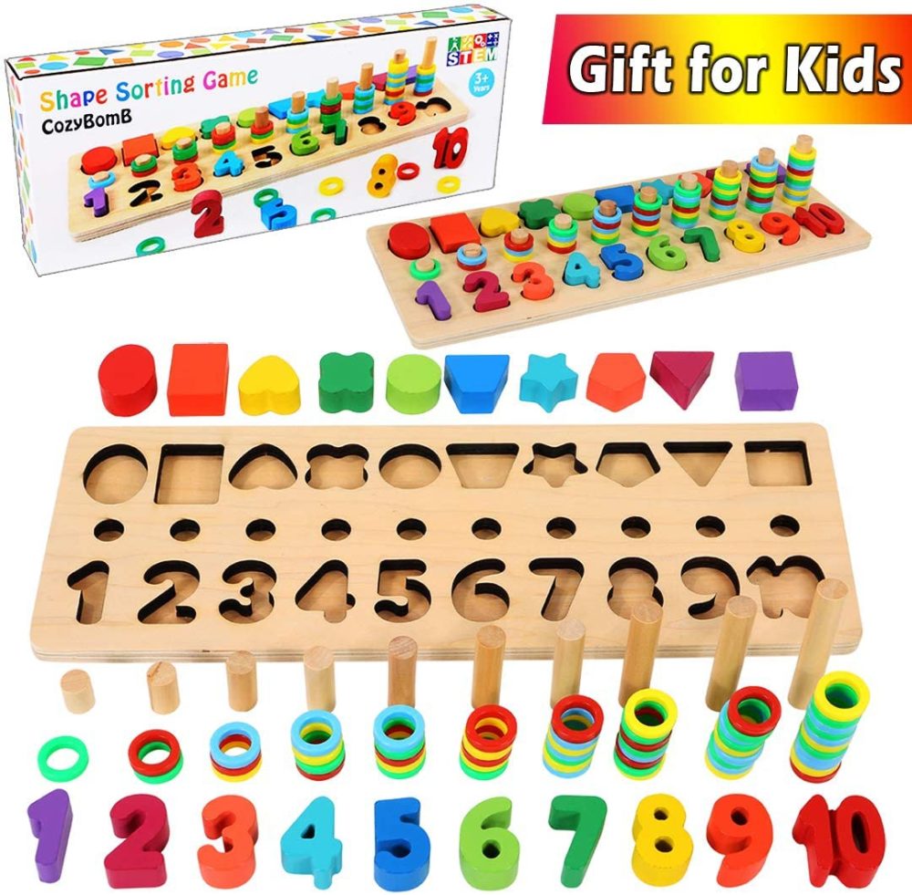 Education & Crafts |  Cozybomb Wooden Number Puzzle Sorting Montessori Toys For Toddlers – Shape Sorter Counting Game For Age 3 4 5 Year Olds Kids – Preschool Education Math Stacking Block Learning Wood Chunky Jigsaw Education & Crafts CozyBomB