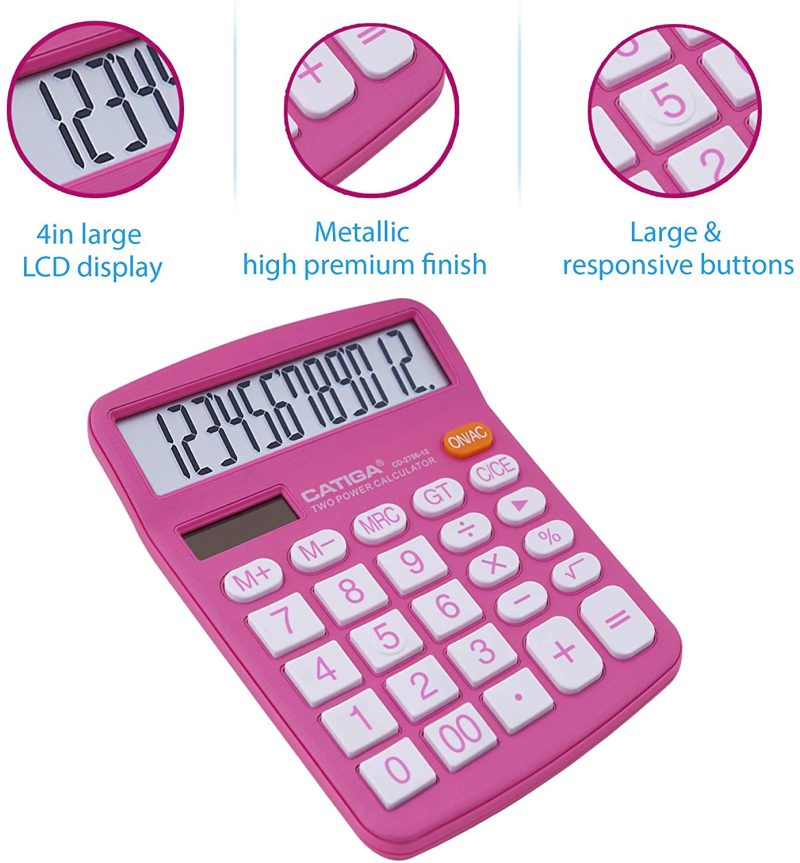 Education & Crafts |  Desktop Calculator 12 Digit With Large Lcd Display And Sensitive Button, Solar And Battery Dual Power, Standard Function For Office, Home, School, Cd-2786 (Pink) Education & Crafts black