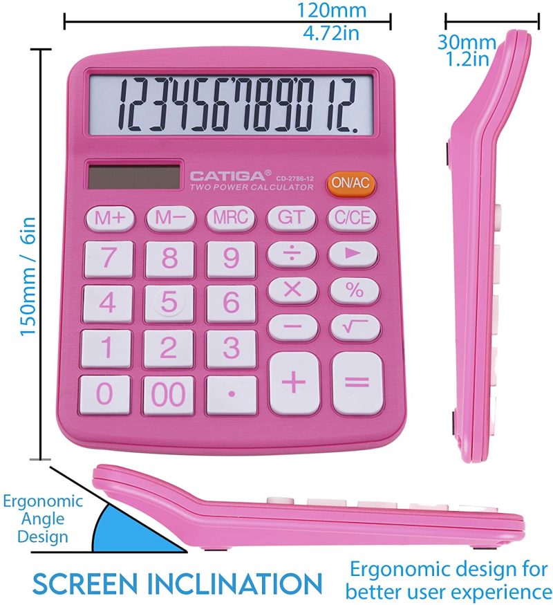 Education & Crafts |  Desktop Calculator 12 Digit With Large Lcd Display And Sensitive Button, Solar And Battery Dual Power, Standard Function For Office, Home, School, Cd-2786 (Pink) Education & Crafts black