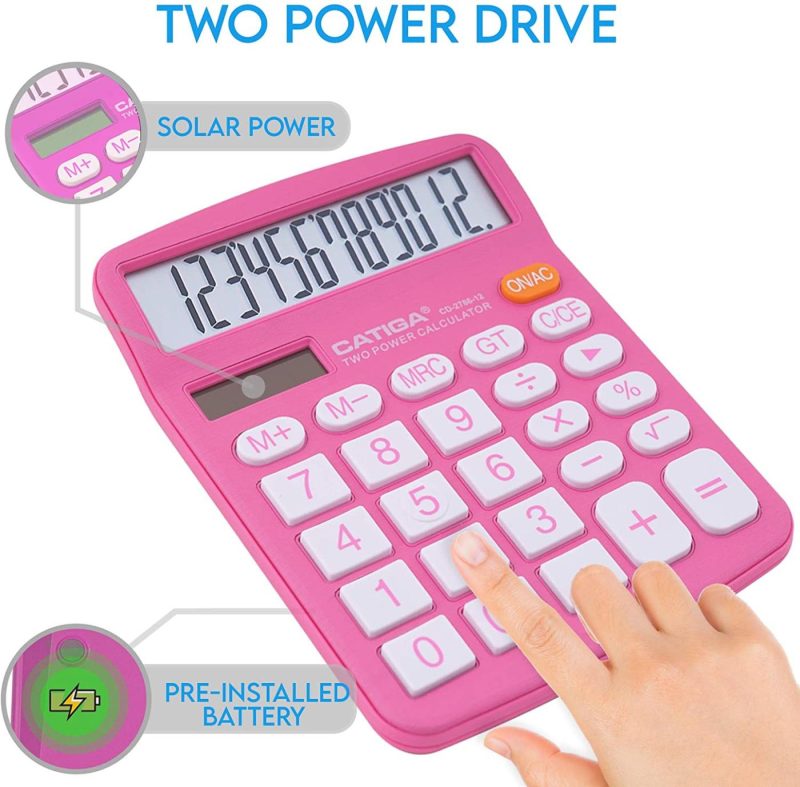 Education & Crafts |  Desktop Calculator 12 Digit With Large Lcd Display And Sensitive Button, Solar And Battery Dual Power, Standard Function For Office, Home, School, Cd-2786 (Pink) Education & Crafts black