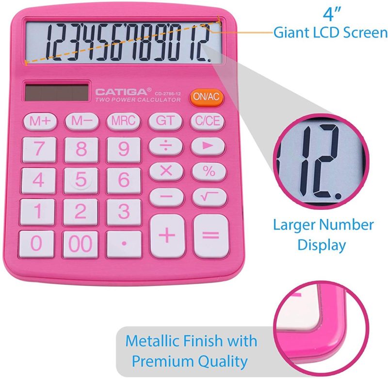 Education & Crafts |  Desktop Calculator 12 Digit With Large Lcd Display And Sensitive Button, Solar And Battery Dual Power, Standard Function For Office, Home, School, Cd-2786 (Pink) Education & Crafts black