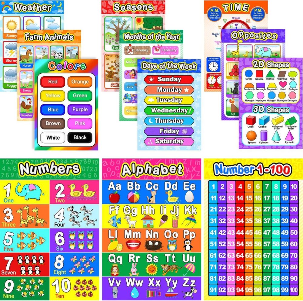 Education & Crafts |  Educational Preschool Poster For Toddler And Kid With Glue Point Dot For Nursery Homeschool Kindergarten Classroom – Teach Numbers Alphabet Colors Days And More 16 X 11 Inch (12 Pieces, English Style) Education & Crafts Blulu