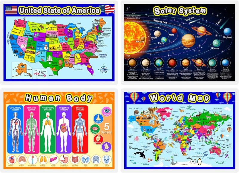 Education & Crafts |  Fully Laminated Preschool Educational Posters For Kids And Toddlers, Nursery Homeschool Pre-K Kindergarten (4 Pieces, World Map, Usa Map, Solar System, Human Body) Education & Crafts Education & Crafts