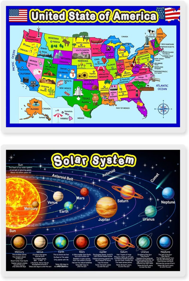 Education & Crafts |  Fully Laminated Preschool Educational Posters For Kids And Toddlers, Nursery Homeschool Pre-K Kindergarten (4 Pieces, World Map, Usa Map, Solar System, Human Body) Education & Crafts Education & Crafts