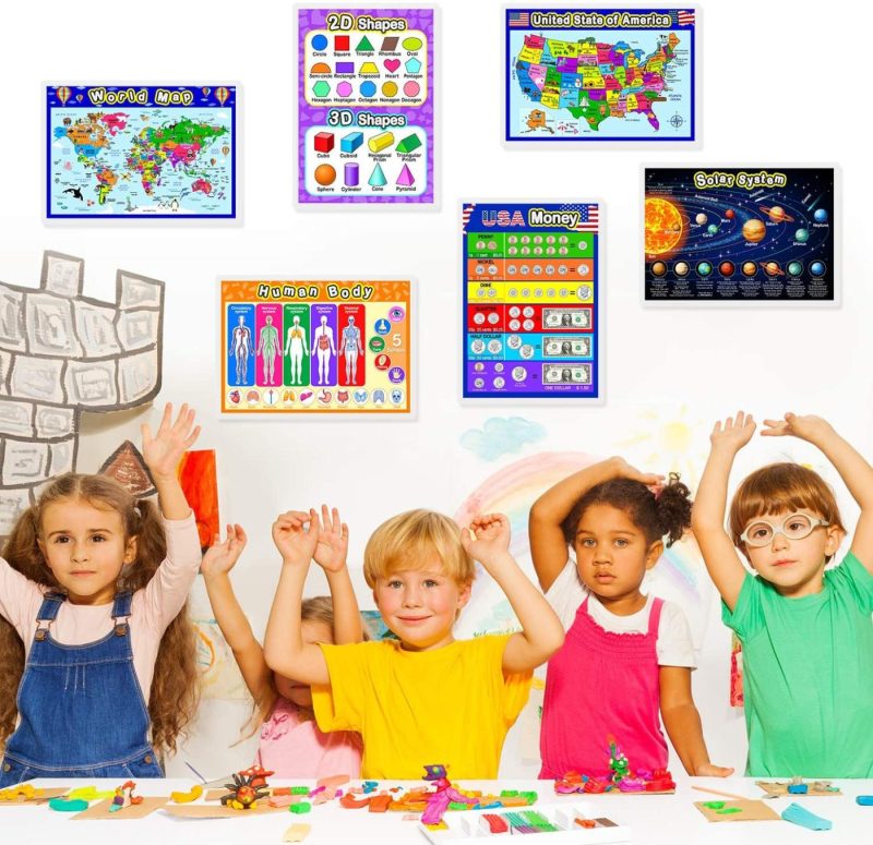 Education & Crafts |  Fully Laminated Preschool Educational Posters For Kids And Toddlers, Nursery Homeschool Pre-K Kindergarten (4 Pieces, World Map, Usa Map, Solar System, Human Body) Education & Crafts Education & Crafts