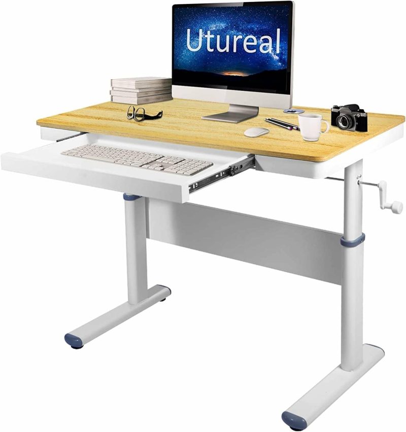 Education & Crafts |  Manual Height Adjustable Small Desk With Drawer And Keyboard Tray, 36X20 Inch, Children Desk, Small Writing Table, Home Office Computer Desk, Students Classroom Desk Education & Crafts Education & Crafts