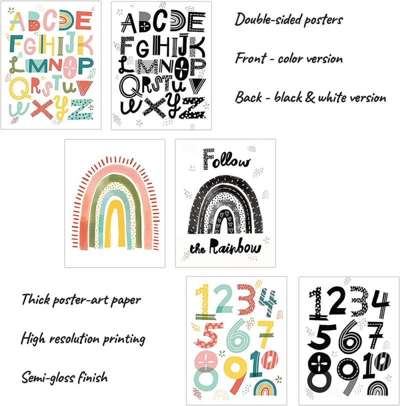 Education & Crafts |  Nursery Wall Decor 3 Double-Sided Kids Posters | Alphabet Poster, 123 & Rainbow Decor | Kids Room & Playroom Decor Wall Art, Baby Girl/Boy Room Decor | Abc Poster For Toddlers Wall Education & Crafts Education & Crafts