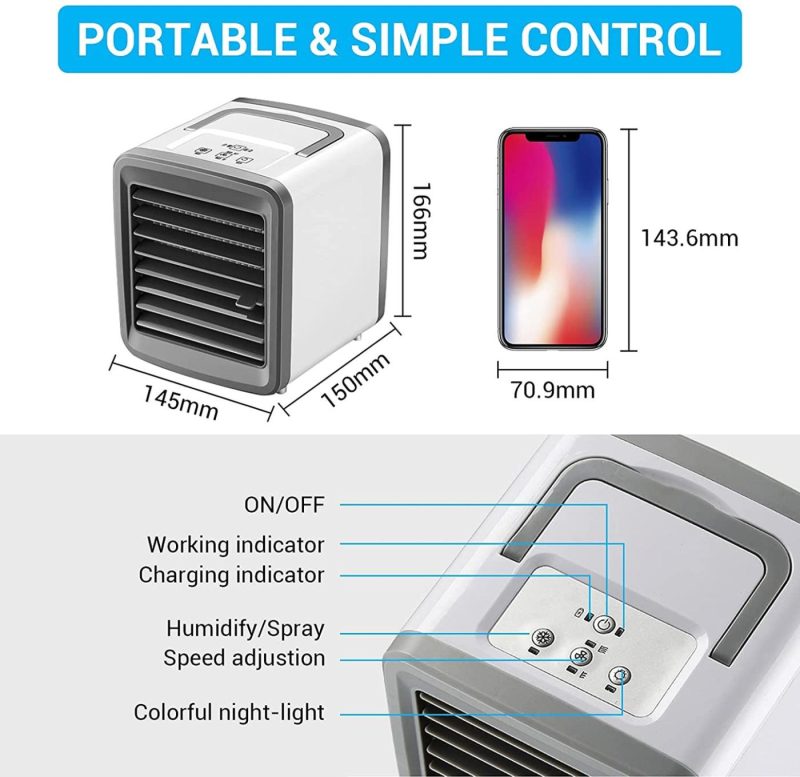 Education & Crafts |  Personal Air Conditioner, Portable Air Cooler Fan With Handle, 4 In 1 Mini Evaporative Cooler Usb Rechargeable Desk Fan, Cooling Mist Humidifier With Colorful Led Night Light For Room/Office/Dorm/Bedroom, Grey Education & Crafts BDTTBZ