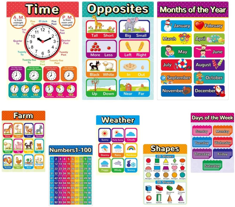 Education & Crafts |  Preschool Learning Posters,Toddler Learning Activities Ages 2-4,Kindergarten Homeschool Back To School Supplies – Incl Alphabet, Colors, Shapes, Numbers, Farm Animals，Time And More For Distance Learning （8 Pieces, English Style） Education & Crafts Education & Crafts